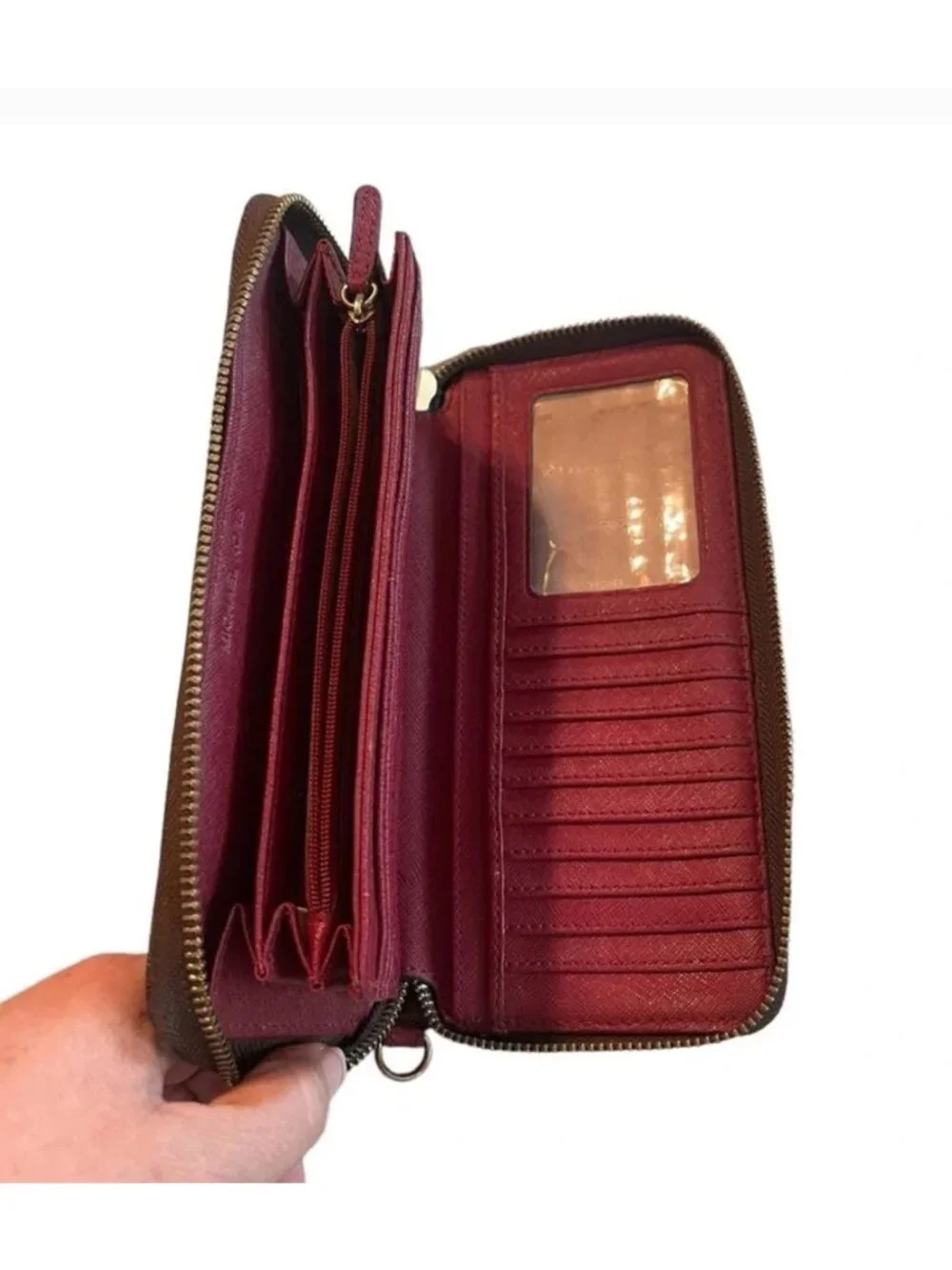 Michael Kors Brown & Gold Saffiano Leather Zip-Around Wallet With Red Interior &